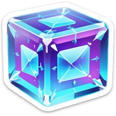 Futuristic glowing ice crystal cube, icy neon cyan highlights, purple neon accents, dark background, digital tech style. sticker