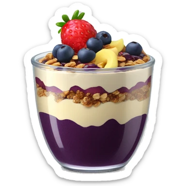 Açaí in a clear cup with layers of fruits and granola and condensed milk sticker