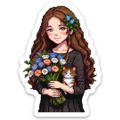 A cool girl with long brown hair and fair skin tilts her head and holds a bouquet of flowers and a cat sticker