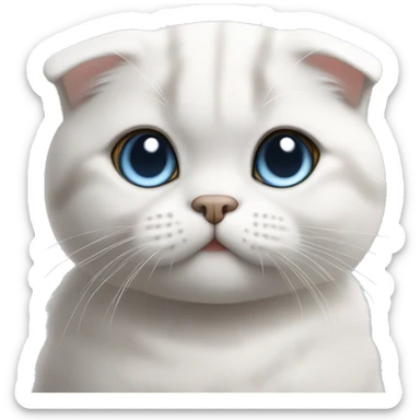  Scottish Fold cat with short white fur and blue eyes. It has a round face and smooth, silky fur. The cat’s expression is friendly, slightly playful, and exudes softness. sticker