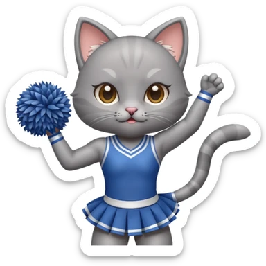 A cute chibi sleek grey cat cheerleader twirling pom-poms with confident energy. sticker