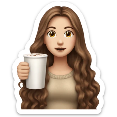 white girl with brown long hair and a hot chocolate sticker