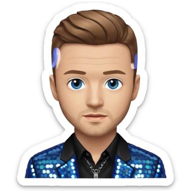 Justin Timberlake with light brown hair, gray sequin jacket, black shirt, blue eye, light skin sticker