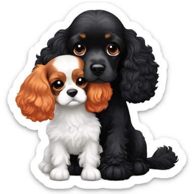 orange and white cavalier king charles spaniel and black poodle cuddle each other  sticker