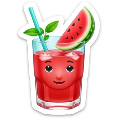 A 3D cartoon glass filled with watermelon juice, ice cubes, mint garnish, bright red color, smooth reflections, soft natural lighting, Memoji-style. sticker