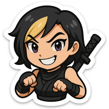 Create an anime chibi style ninja girl with the same face, outfit, and colors as the reference. The ninja girl should have her fist low, preparing to punch upward. Transparent background, sized for Twitch emoji use. This is animation frame 1. sticker