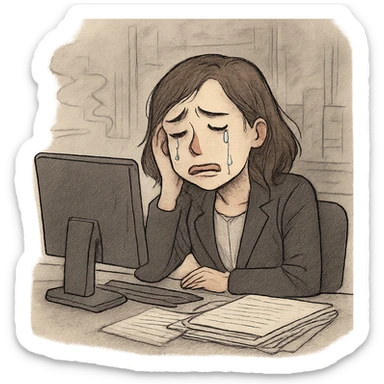 sad office employee at desk, tears streaming, computer and paperwork, stressed atmosphere, emotional expression sticker