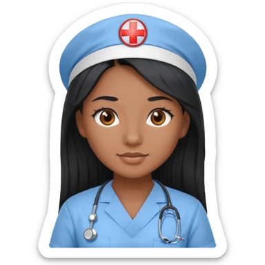 pretty brown skin nurse with long black hair and thin brown eyes in light blue scrubs sticker