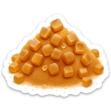 Make the brown sugar texture finer, with smaller, more delicate crystals, while keeping the golden-amber color and natural, dry look. Add more scattered crystals around the base for realism. Maintain the look of Apple emoji style: clean, 3D, soft shadows, no cartoon features, no packaging, no bowl, transparent background, emoji scale. sticker