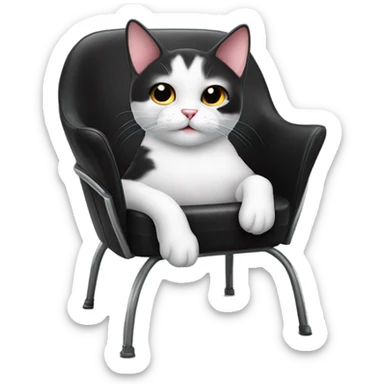 cute black and white cat laying on a big modern black leather and metal chair  sticker