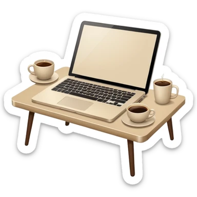 Laptop on the rectangular beige table, coffee and notebook sticker