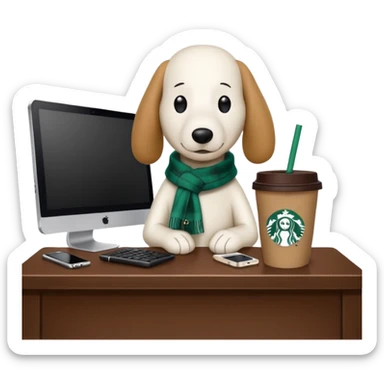 snoopy in a desk with starbucks and his chanel purse sticker