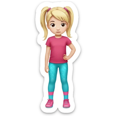 Little girl with blonde hair in ponytail with pink hair tie, wearing red t-shirt and turquoise patterned pants, light socks, serious facial expression sticker