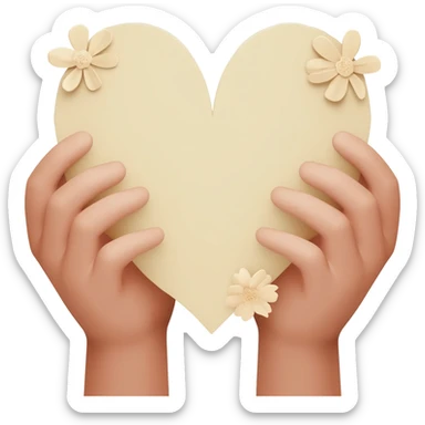 Realistic hands are holding light beige human heart with beige flowers sticker