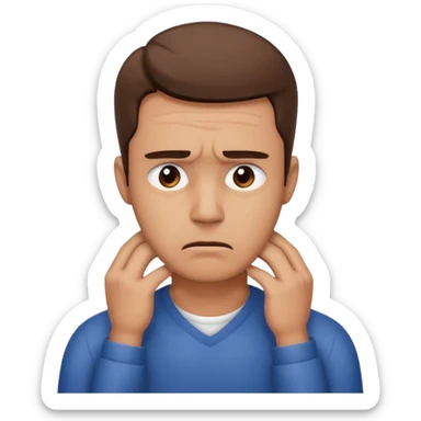 A man looking stressed holding the front of his neck  sticker