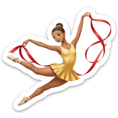 A graceful rhythmic gymnast performing with a flowing ribbon, executing an elegant leap mid-air. The pose exudes flexibility, balance, and artistry. The background suggests a competition arena with soft lighting, emphasizing movement, precision, and the beauty of the sport. sticker