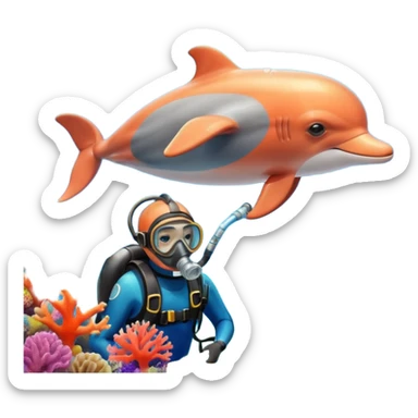 A brave dolphin in diver mask and oxygen tank on its back, exploring coral

 sticker