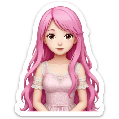 pastel anime woman with pink and white lace dress full body and long hair in a rose garden background sticker