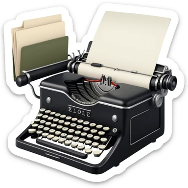 Create an emoji representing screenwriting. The design should feature an open script with visible dialogue and action lines, symbolizing the writing of a screenplay. Include a classic typewriter or modern writing device, such as a laptop, to signify the creative process. Place an old-style film camera next to the script to emphasize the cinematic connection. Use a professional color palette with black, white, and subtle metallic tones. Do not include any emojis or smiley faces. Make the background transparent sticker