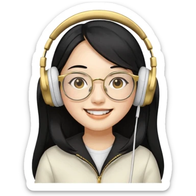 generate an asian female with long black hair, golden rim glasses, and a white headphones sticker