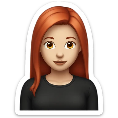 a girl with straight long cherry red hair, with black shirt sticker