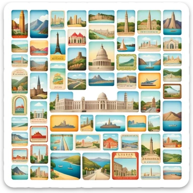 Icon for Postcard Collecting: a collection of colorful vintage postcards, featuring scenic views, landmarks, and greetings, arranged neatly in an album or on a display board. The icon should convey the charm and nostalgia of postcard collecting. Transparent background. sticker