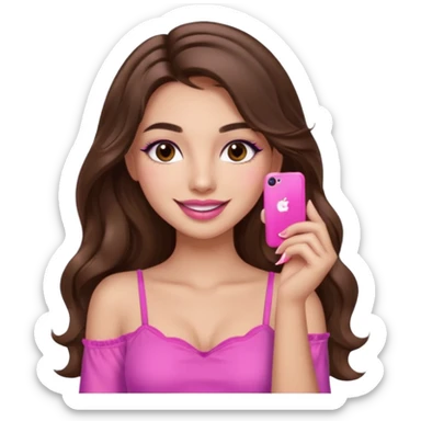 girl with long wavy brown hair, brown eyes, long lashes makeup, sexy pink lips, light to medium complexion, pink sexy top, smiling, hand by the cheek sticker