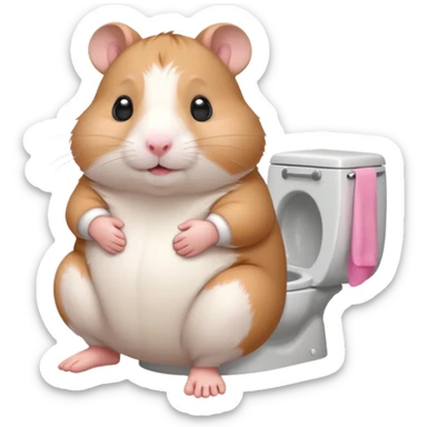 Cute chubby cartoon-style hamster sitting on toilet, sticker-style illustration sticker