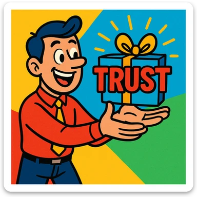 a man presenting the word 'trust' as a gift, vibrant, playful style sticker
