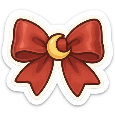 chibi style bow, red satin, shiny, simple and elegant, tied neatly, moon motif sticker
