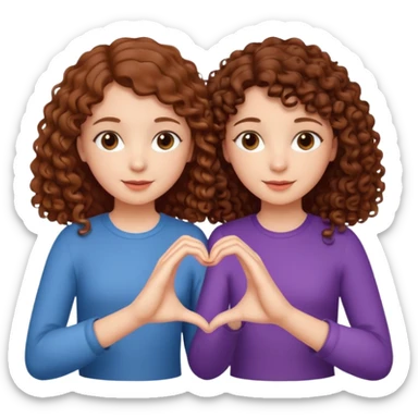 Emoji of two sisters, a brunette with straight hair and a chestnut-haired girl with curly hair, making a heart with their hands sticker