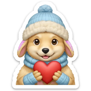 English cream golden retriever cartoon cuddling with winter hats and heart in between them sticker