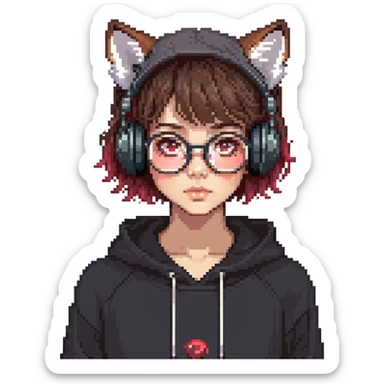tan brunette girl with a short wolf haircut, round ruby glasses, black headphones, and a black hoodie sticker