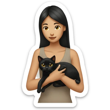  tan Asian girl holding black cat  sticker