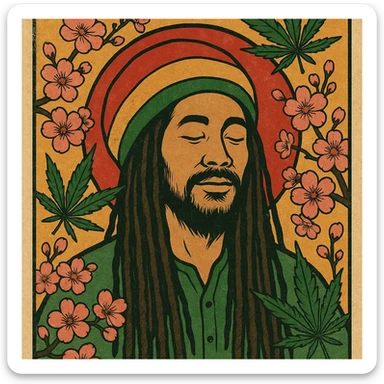 Vintage poster of an Asian Rasta with long dreadlocks, peaceful eyes, and a red-gold-green tam. Surrounded by cherry blossoms and ganja leaves. Background blends Rasta colors into an Asian flag (e.g., red sun from Japan or Chinese star). Retro reggae fusion vibe, with bold lines and aged paper texture.
 sticker
