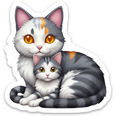 full body dark grey and white cat cuddling a colourful light patched calico + white tabby cat  sticker