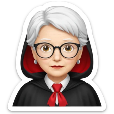An older woman with glasses and white hair, in a red tie and black cape sticker