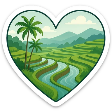 heart with a tranquil rice terrace landscape, clean digital illustration, no background sticker