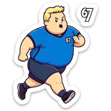 Overweight blonde man running with a blue uniform saying 67 sticker