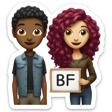 Girl with burgundy hair next to a tall boy with short black hair holding up a sign that says “BFF” sticker