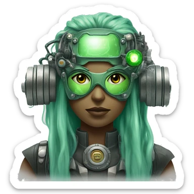 Green female cyborg head with green long hair, grey steampunk goggles and circuitry sticker