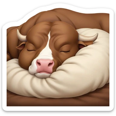 meme-worthy-cute-sleeping-domestic-bull-portrait-emoji,-head-resting-peacefully-with-a-contented-smile,-showcasing-a-robust,-muscular-build-and-a-luxuriously-soft-coat,-eyes-gently-closed-in-serene,-restful-slumber,-simplified,-solid-brown sticker