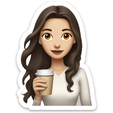 Brunette girl with long hair and dark brown glowy eyes  and white skin wearing vanilla soft clothes and holding coffee sticker