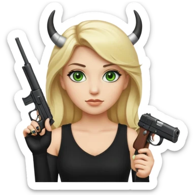 Emoji femme blonde cheveux blond, yeux vert avec de long cils noir qui porte un pistolet et à des cornes  sticker