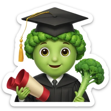 broccoli with a mortarboard, carrying a diploma scroll, with eyes and a happy expression sticker