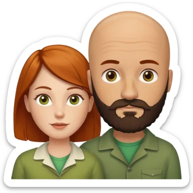 Couple. Bald man with dark brown-black beard. White woman with many small, faded freckles, she has white skin and she has auburn-yellow-brown-cinnamon, dark hair. She has light orange-brown eyes. The man have hazel eyes. They like green. Retro style. sticker