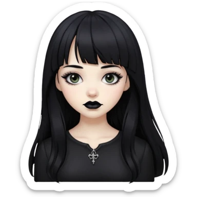 Gothic gir, black hair with bangs, slightly wavy, very long hair,long eyelashes, black eyes. sticker