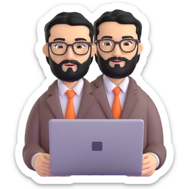 single professional man with medium black beard, neat black hair, connected unibrow, olive tan skin, brown eyes, glasses, prominent nose, wearing clean business casual attire, holding a laptop, centered portrait sticker