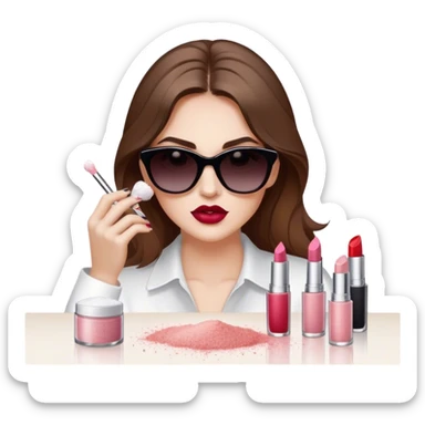 White woman with brown hair and dark sunglasses. She is sprinkling table salt on top of lipsticks, eyeshadows, and blushes sticker