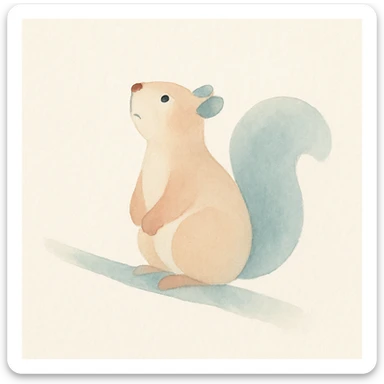 a squirrel sitting on a branch, eyes looking up, appearing to ponder, soft painterly style sticker